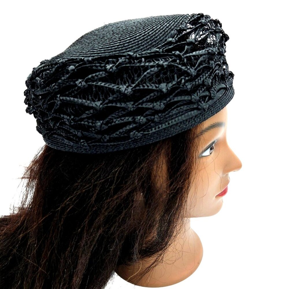 Vintage Black Woven Straw Pillbox Cage Hat Buffums Pinehurst 22" 1960s - Picture 11 of 12